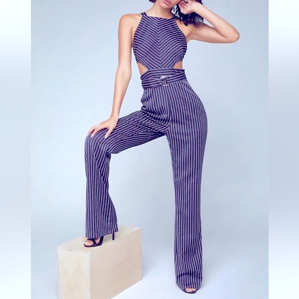 NWT Bebe Cut Out Belted Striped Sleeveless Wide Leg Jumpsuit Size 6